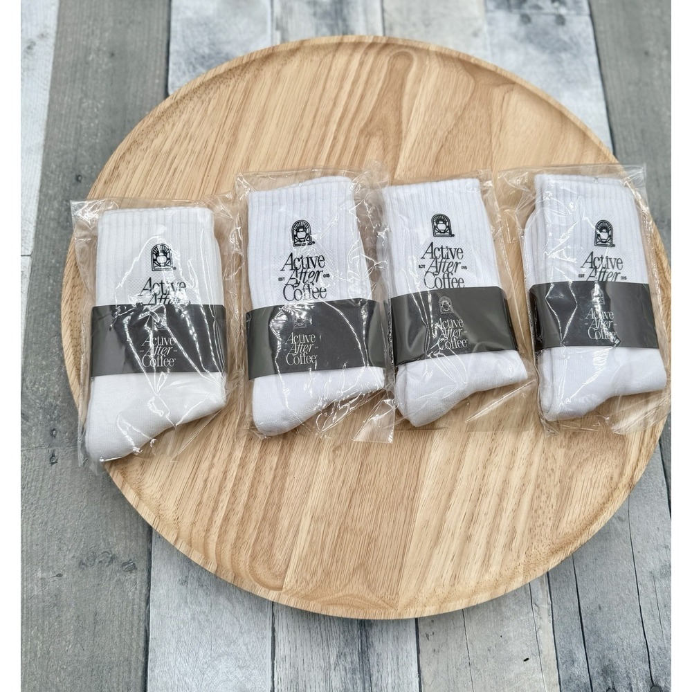 Active After Coffee White Crew Socks Lot 4‎ Pairs New Sealed Athletic Casual AAC